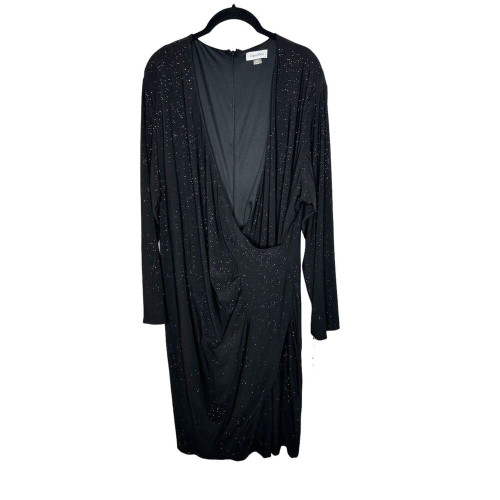 NWT Calvin Klein Women Cocktail Dress 22W‎ Sparkling Plunging Ruching Wrap Black